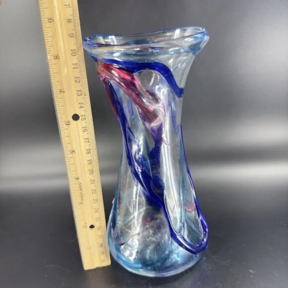 1997 Hand Blown Studio Art Glass Vase‎ Artist Signed JENN Multicolor Threads VTG